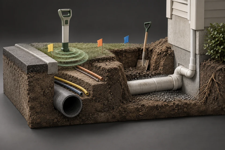 Conceptual illustration of public utilities · private services · confirmed marks