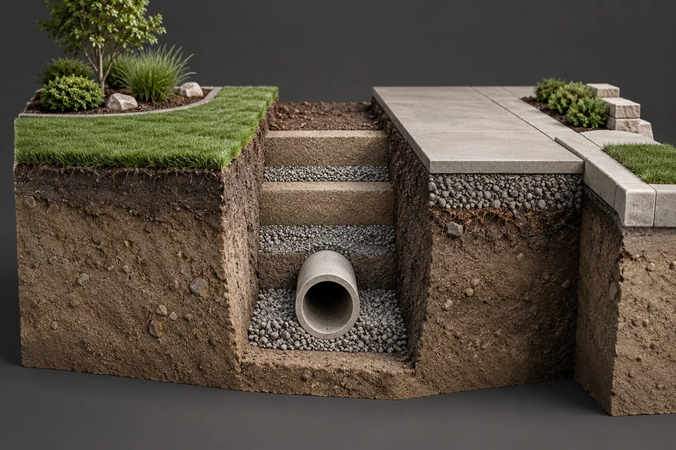 Conceptual illustration of bedding · backfill · finished surface
