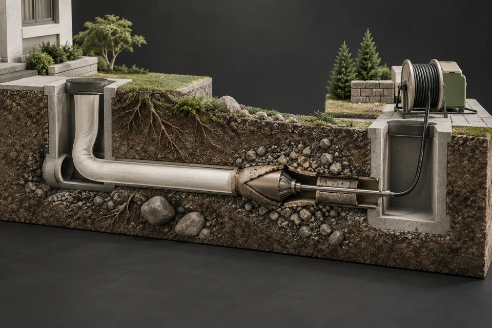 Conceptual illustration of lining · bursting · access pits