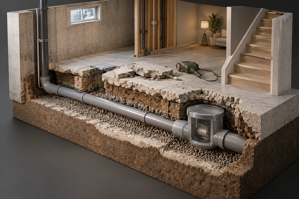 Conceptual illustration of floor opening · building drain · floor reinstatement